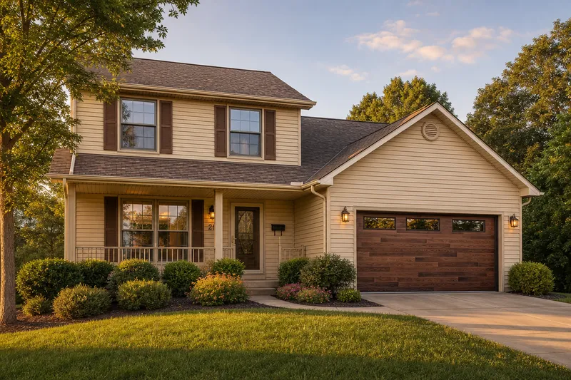 Two-story home at dusk with a modern walnut-plank garage door